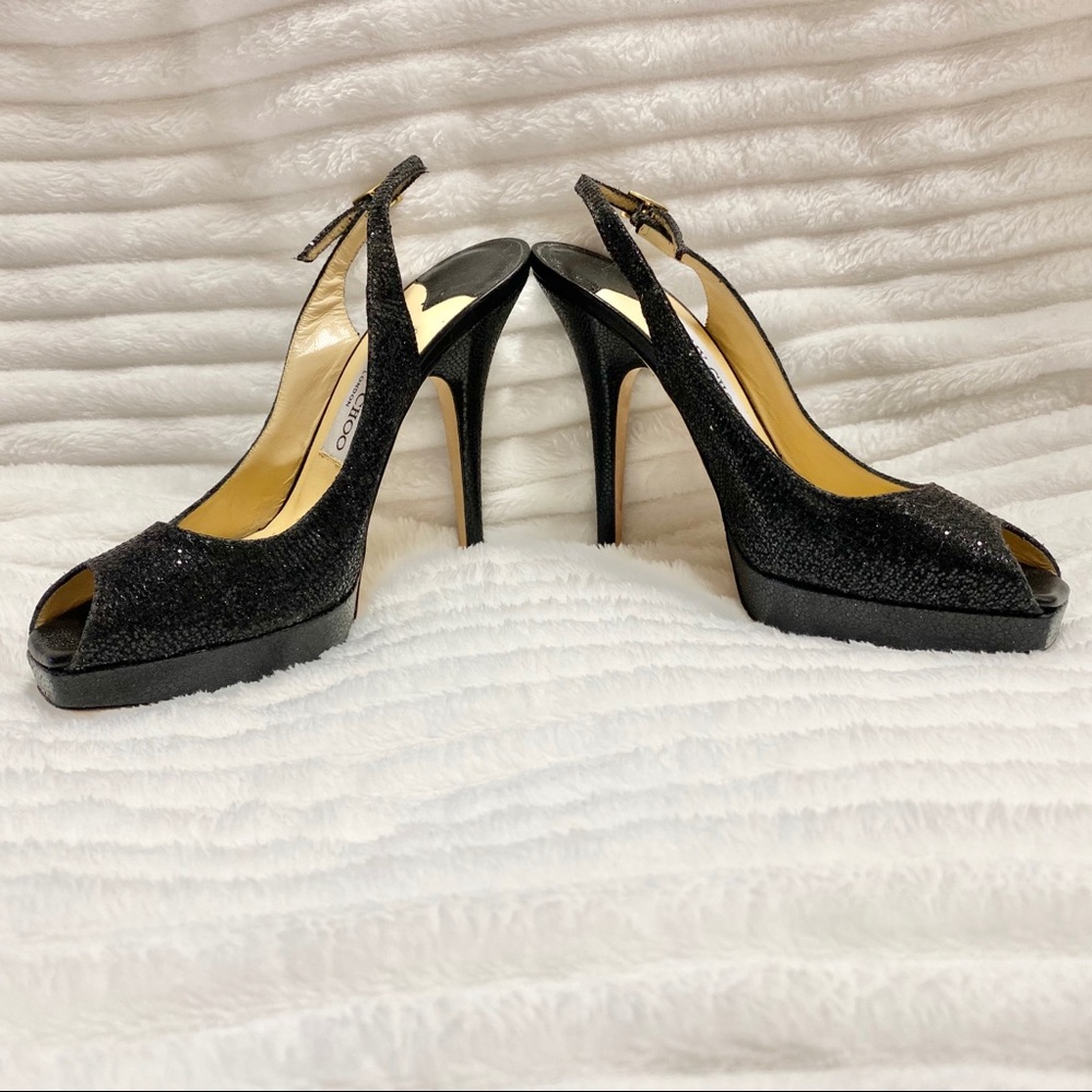 Jimmy Choo Black Glitter Clue Slingback Heel